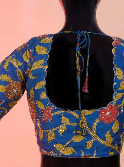 Pen kalamkari readymade blouse cs blue with allover kalamkari prints & embroidery work