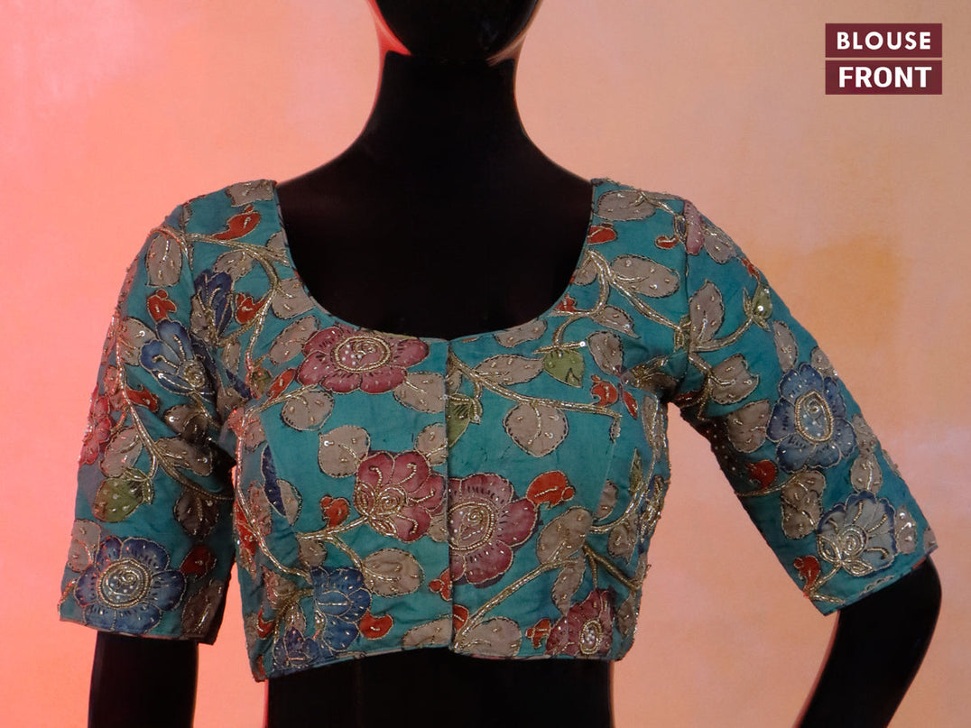 Pen kalamkari readymade blouse pastel green shade with allover kalamkari prints & embroidery work and back knot