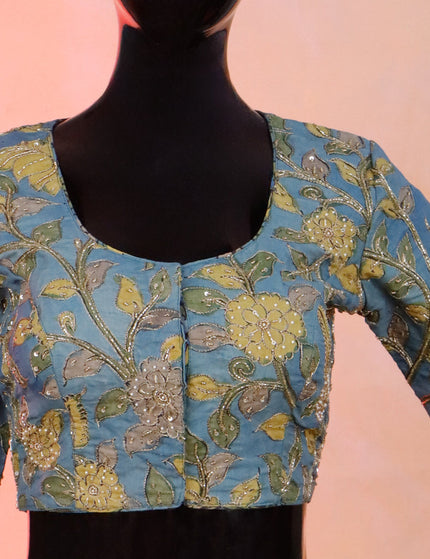 Pen kalamkari readymade blouse blue shade with allover kalamkari prints & embroidery work