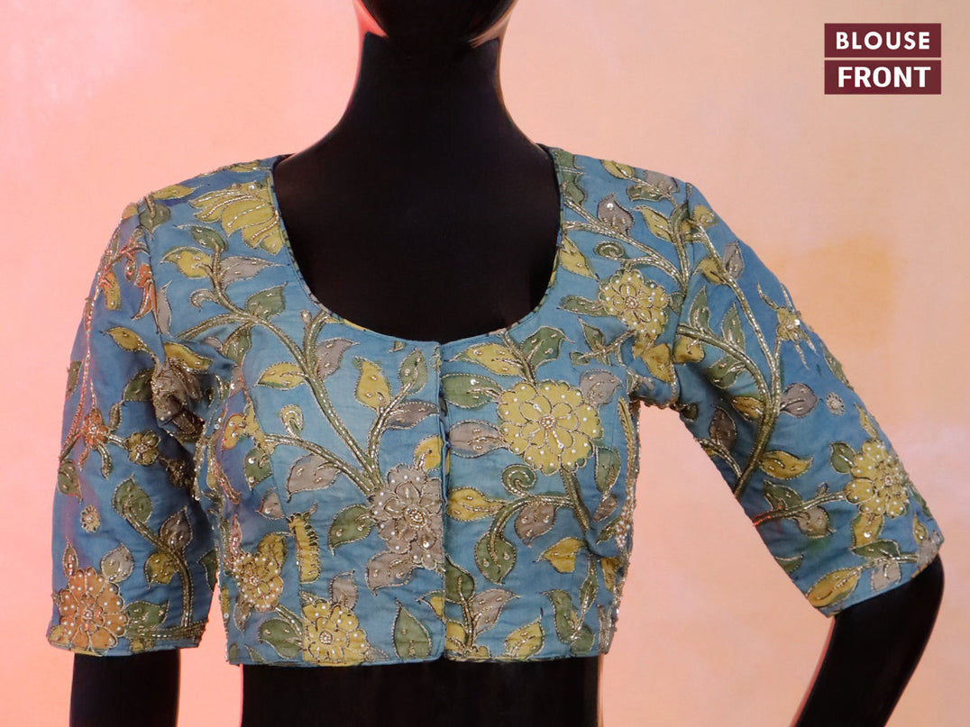 Pen kalamkari readymade blouse blue shade with allover kalamkari prints & embroidery work