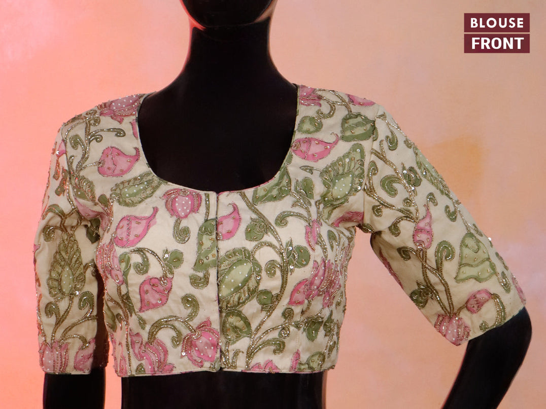 Pen kalamkari readymade blouse cream with allover kalamkari prints & embroidery work