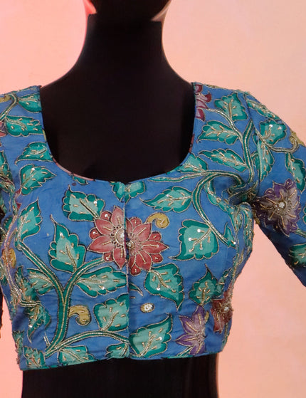 Pen kalamkari readymade blouse blue with allover kalamkari prints & embroidery work and back knot