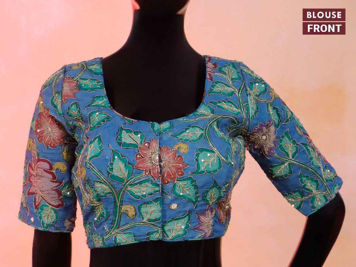 Pen kalamkari readymade blouse blue with allover kalamkari prints & embroidery work and back knot