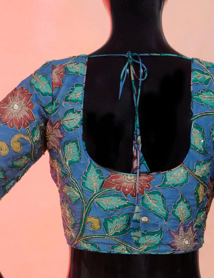 Pen kalamkari readymade blouse blue with allover kalamkari prints & embroidery work and back knot