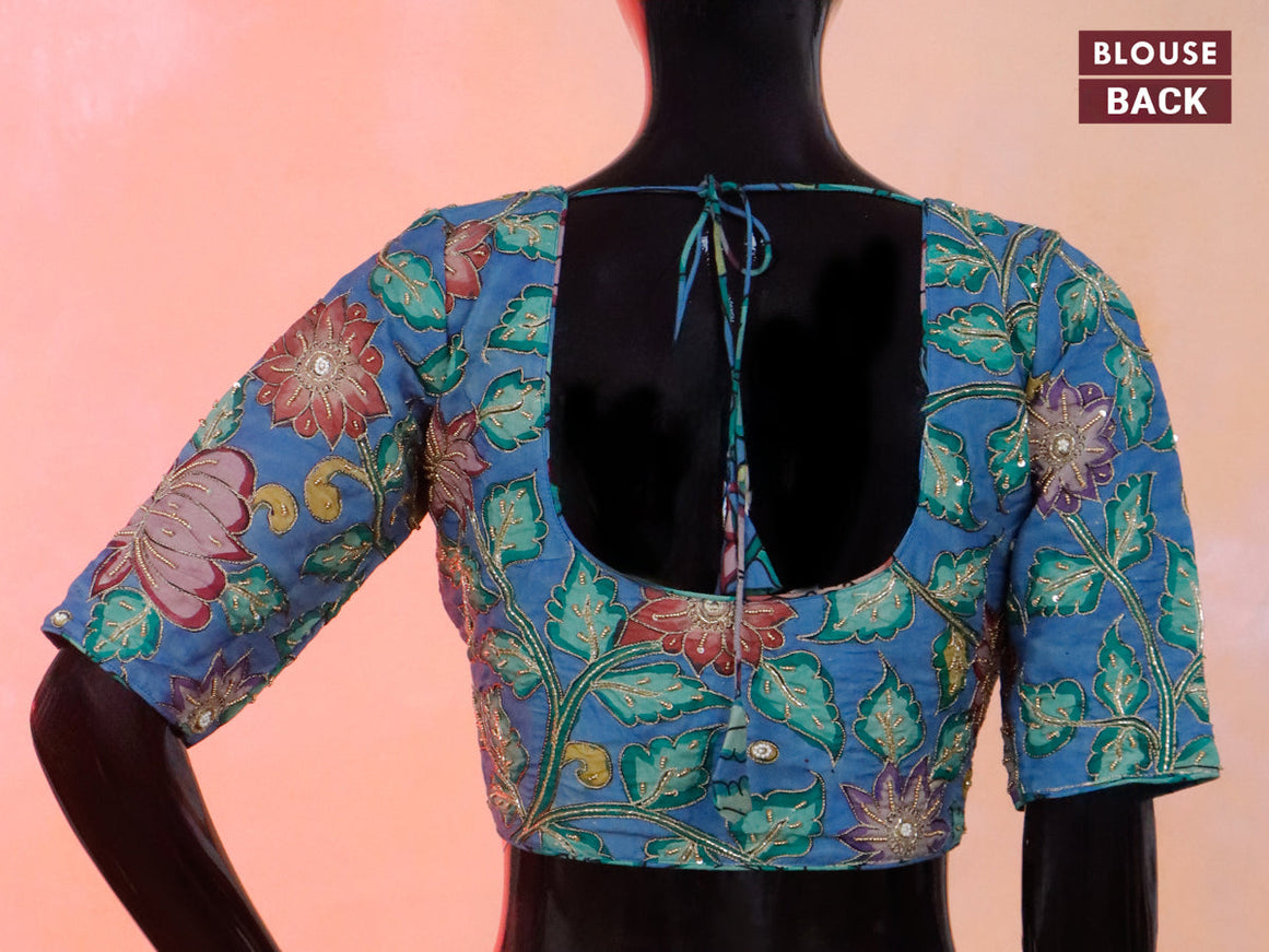 Pen kalamkari readymade blouse blue with allover kalamkari prints & embroidery work and back knot