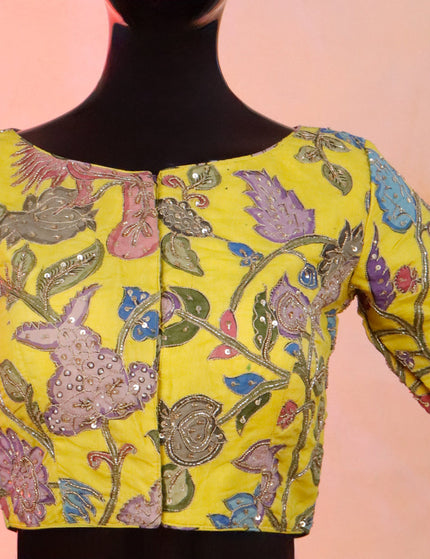 Pen kalamkari readymade blouse lime yellow with allover kalamkari prints & embroidery work