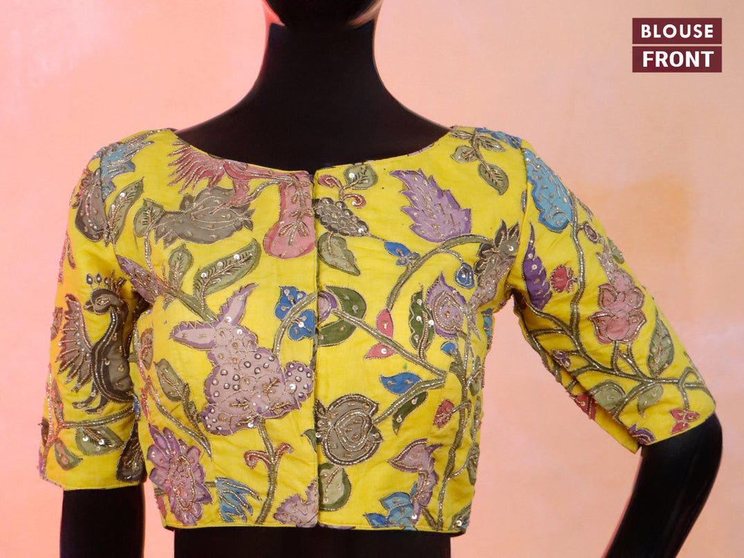 Pen kalamkari readymade blouse lime yellow with allover kalamkari prints & embroidery work