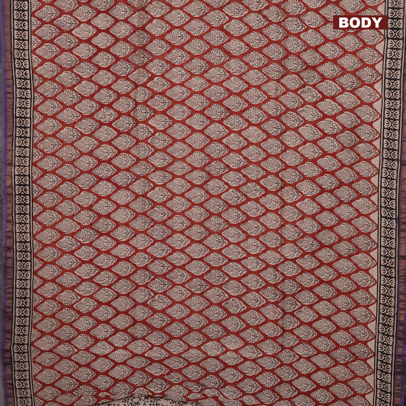 Chanderi bagru saree maroon and black violet shade with allover prints and small zari woven border