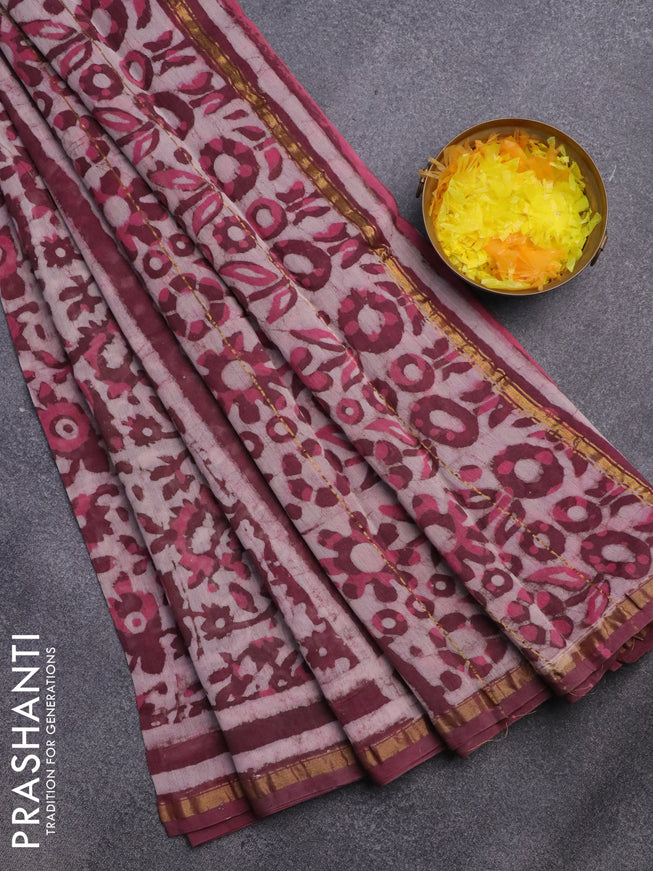 Chanderi bagru saree off white and maroon shade with allover prints and small zari woven border