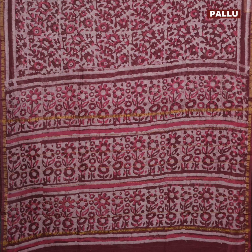 Chanderi bagru saree off white and maroon shade with allover prints and small zari woven border