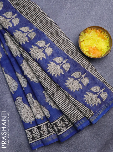 Chanderi bagru saree blue with butta prints and small zari woven border