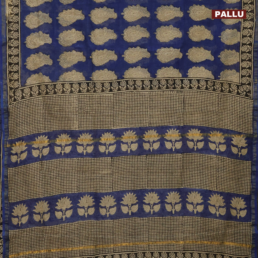 Chanderi bagru saree blue with butta prints and small zari woven border