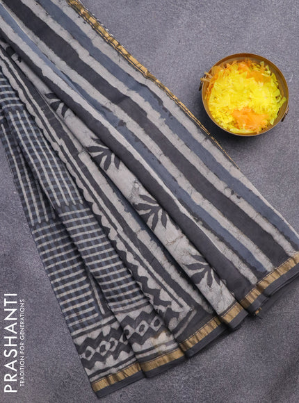 Chanderi bagru saree dark elephant grey with allover prints and small zari woven border