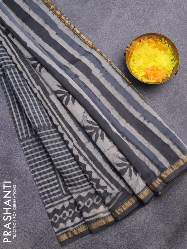 Chanderi bagru saree dark elephant grey with allover prints and small zari woven border