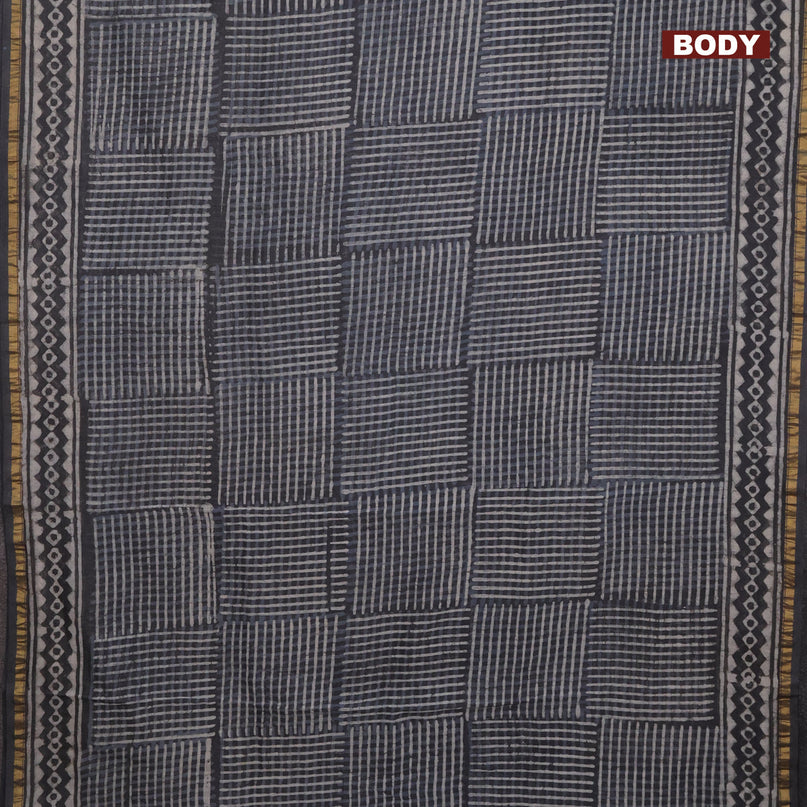 Chanderi bagru saree dark elephant grey with allover prints and small zari woven border