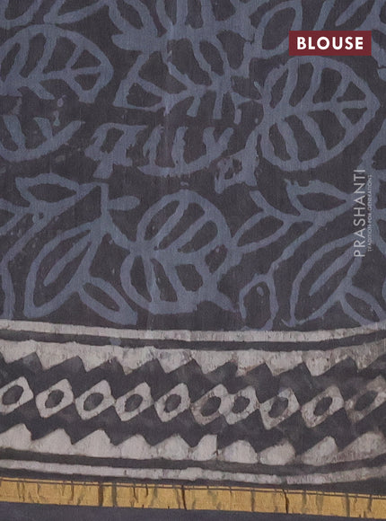 Chanderi bagru saree dark elephant grey with allover prints and small zari woven border