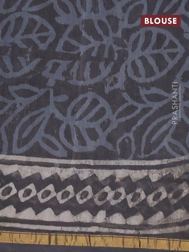 Chanderi bagru saree dark elephant grey with allover prints and small zari woven border