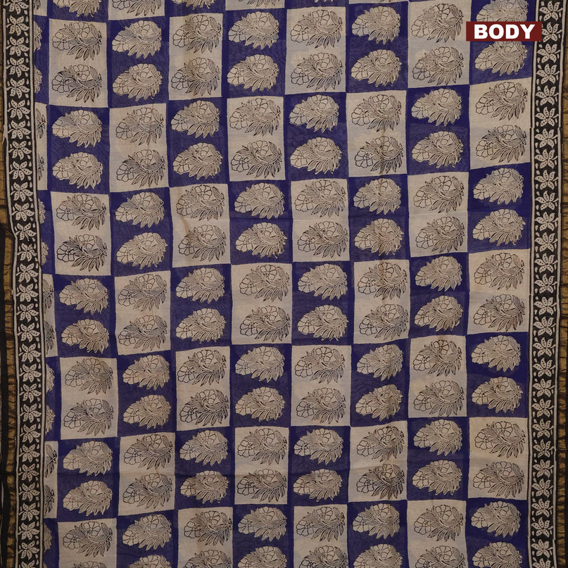 Chanderi bagru saree blue beige and black with allover floral butta prints and small zari woven border