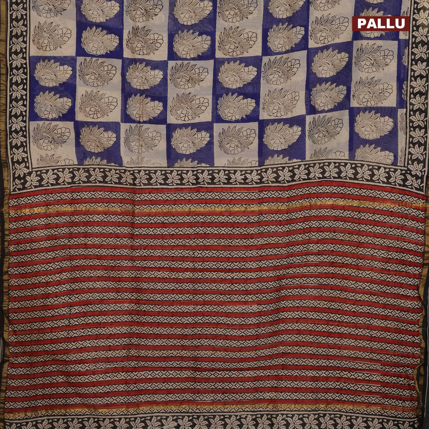 Chanderi bagru saree blue beige and black with allover floral butta prints and small zari woven border