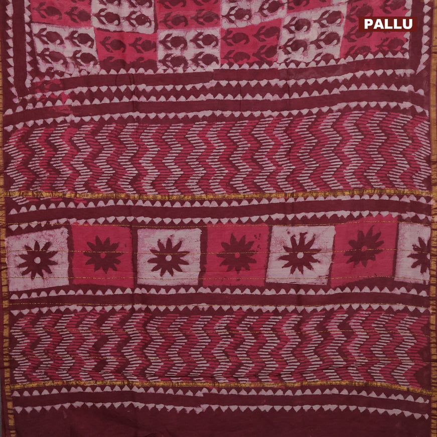 Chanderi bagru saree maroon shade with allover dabu prints and small zari woven border