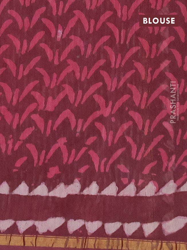 Chanderi bagru saree maroon shade with allover dabu prints and small zari woven border