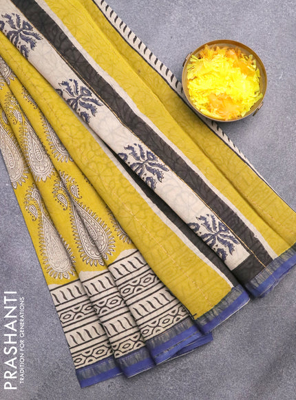 Chanderi bagru saree mustard yellow and beige blue with allover butta prints and small zari woven border