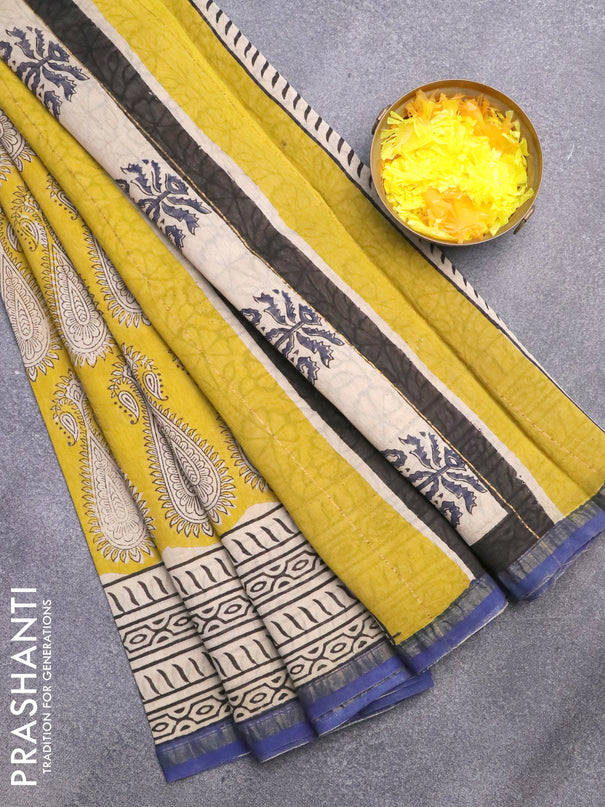 Chanderi bagru saree mustard yellow and beige blue with allover butta prints and small zari woven border