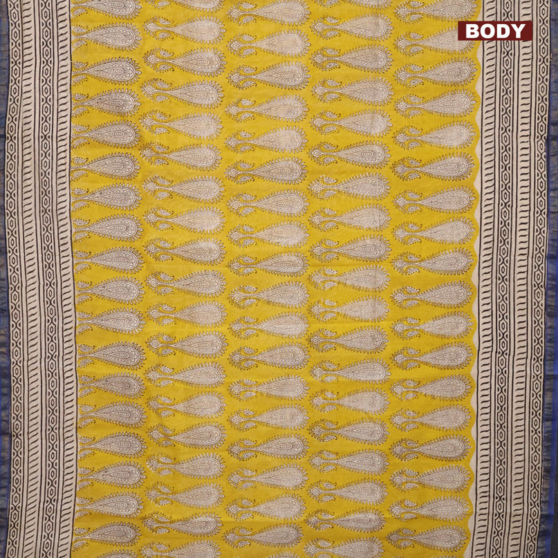 Chanderi bagru saree mustard yellow and beige blue with allover butta prints and small zari woven border