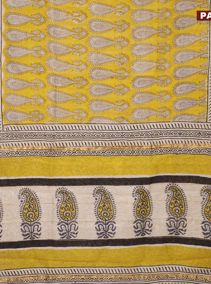 Chanderi bagru saree mustard yellow and beige blue with allover butta prints and small zari woven border