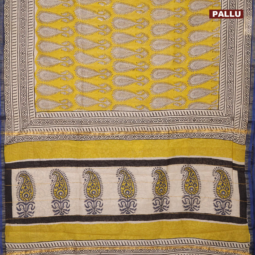 Chanderi bagru saree mustard yellow and beige blue with allover butta prints and small zari woven border