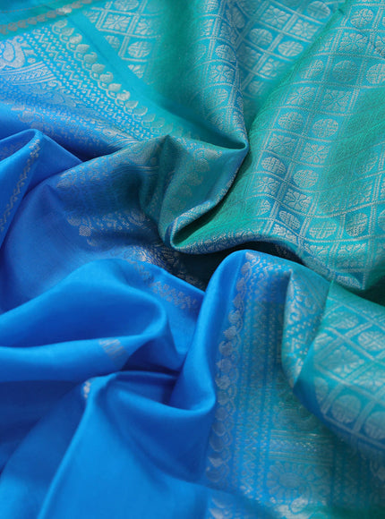 Pure soft silk saree light blue and dual shade of green with allover silver zari weaves and long silver zari woven rettapet border