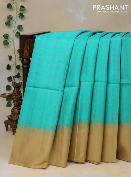 Pure soft silk saree teal blue and dark sandal with allover zari weaves and zari woven butta border