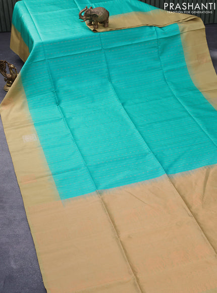 Pure soft silk saree teal blue and dark sandal with allover zari weaves and zari woven butta border