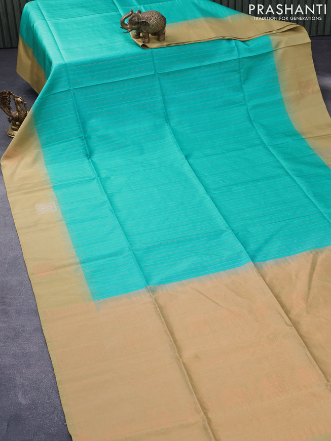 Pure soft silk saree teal blue and dark sandal with allover zari weaves and zari woven butta border