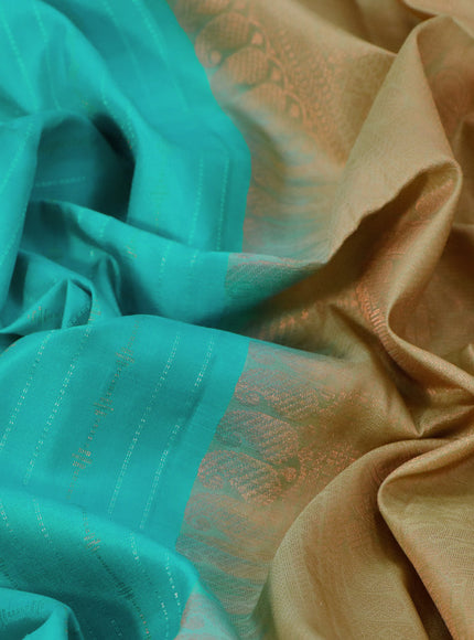 Pure soft silk saree teal blue and dark sandal with allover zari weaves and zari woven butta border