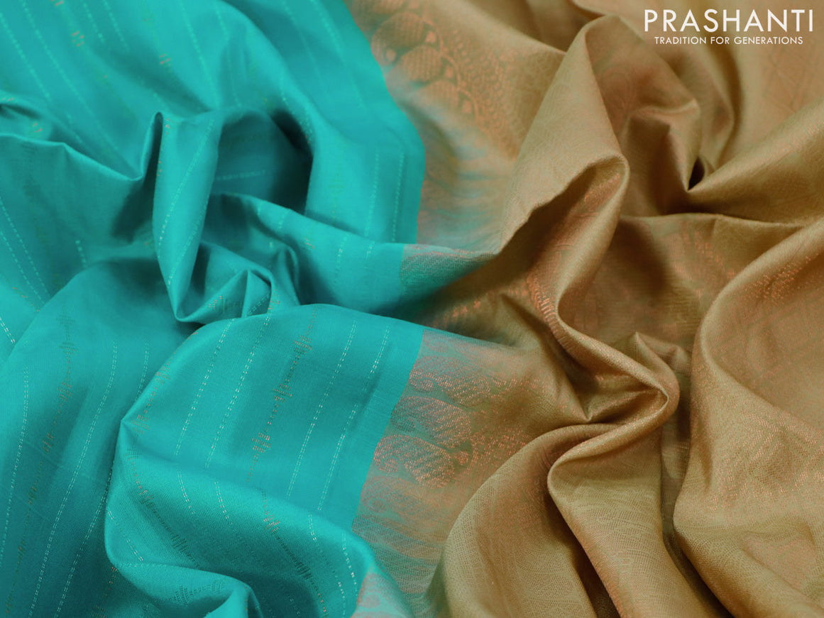 Pure soft silk saree teal blue and dark sandal with allover zari weaves and zari woven butta border