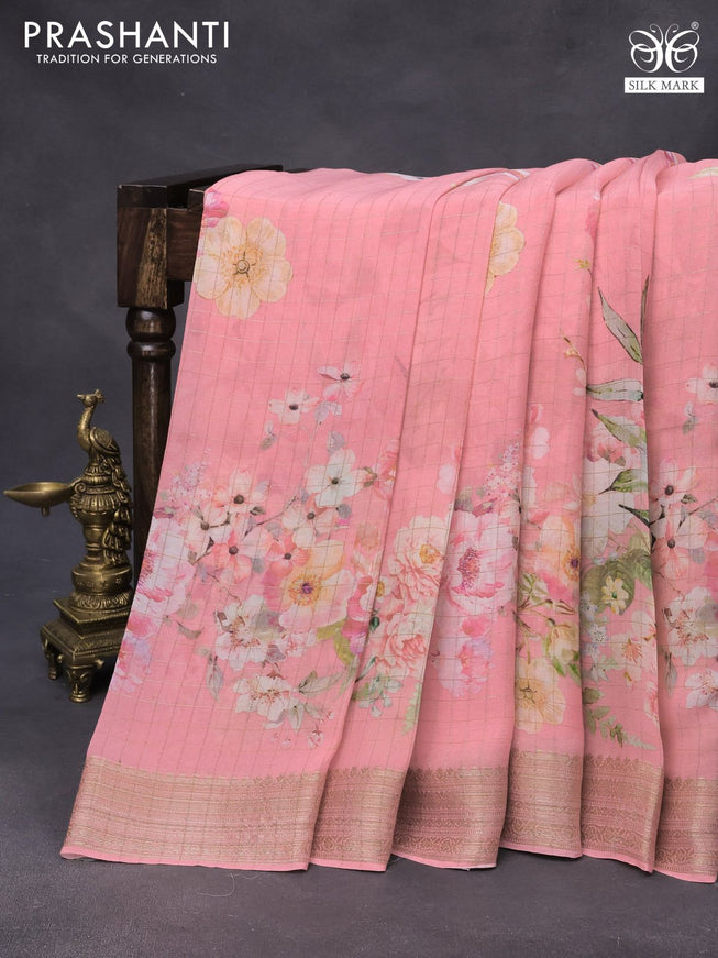 Chiffon silk saree peach pink with allover zari checks & floral digital prints and zari woven border