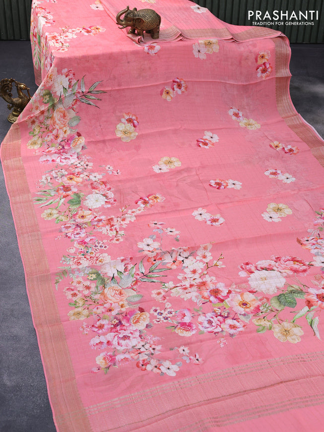 Chiffon silk saree peach pink with allover zari checks & floral digital prints and zari woven border