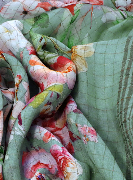 Chiffon silk saree pastel green with allover zari checks & floral digital prints and zari woven border