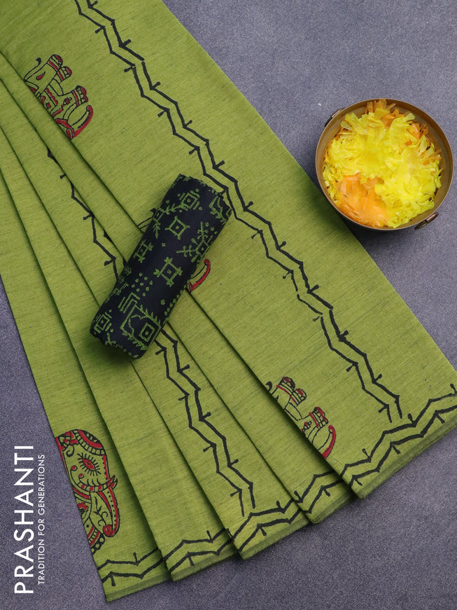 Poly cotton block printed saree lime green and black with elephant butta prints and printed border