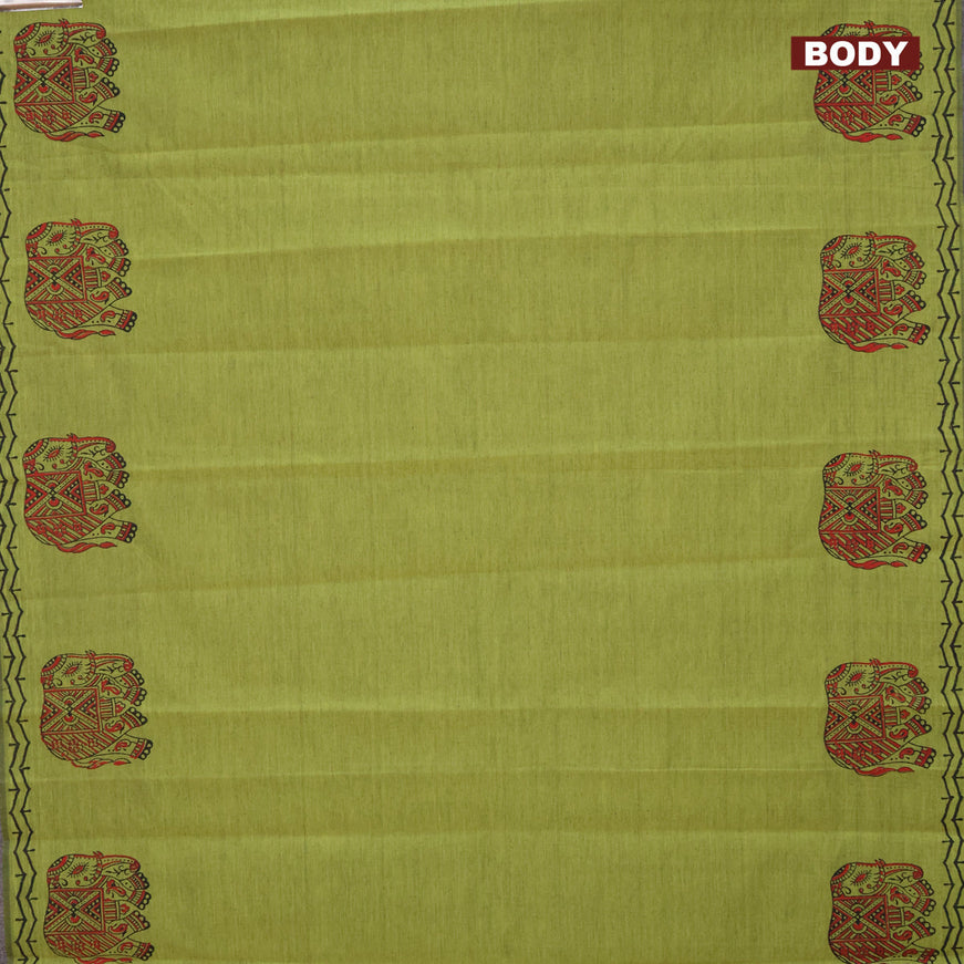 Poly cotton block printed saree lime green and black with elephant butta prints and printed border