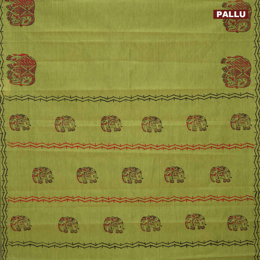 Poly cotton block printed saree lime green and black with elephant butta prints and printed border