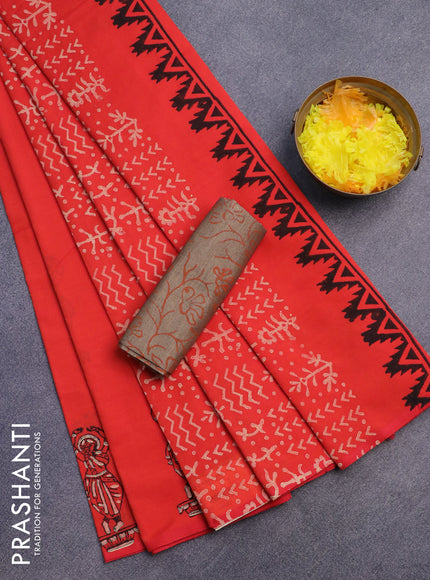 Poly cotton block printed saree reddish orange and beige with butta prints in borderless style