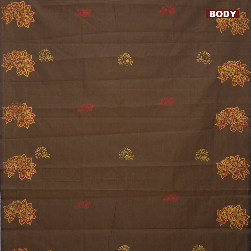 Poly cotton block printed saree brown shade and mustard yellow with annam butta prints and printed butta border