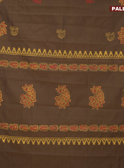 Poly cotton block printed saree brown shade and mustard yellow with annam butta prints and printed butta border