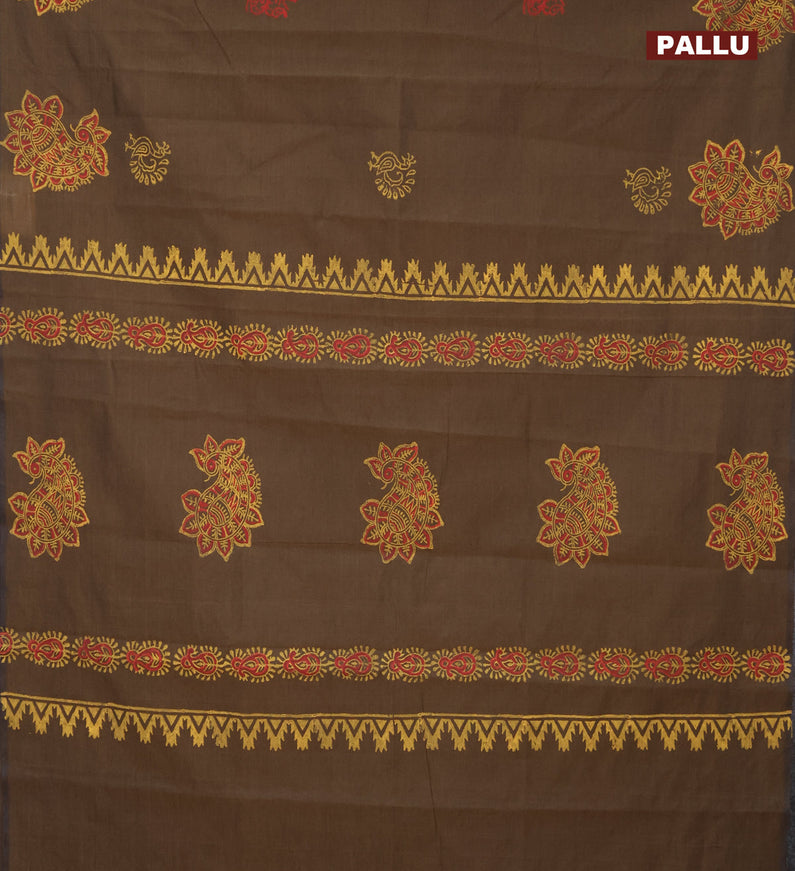 Poly cotton block printed saree brown shade and mustard yellow with annam butta prints and printed butta border