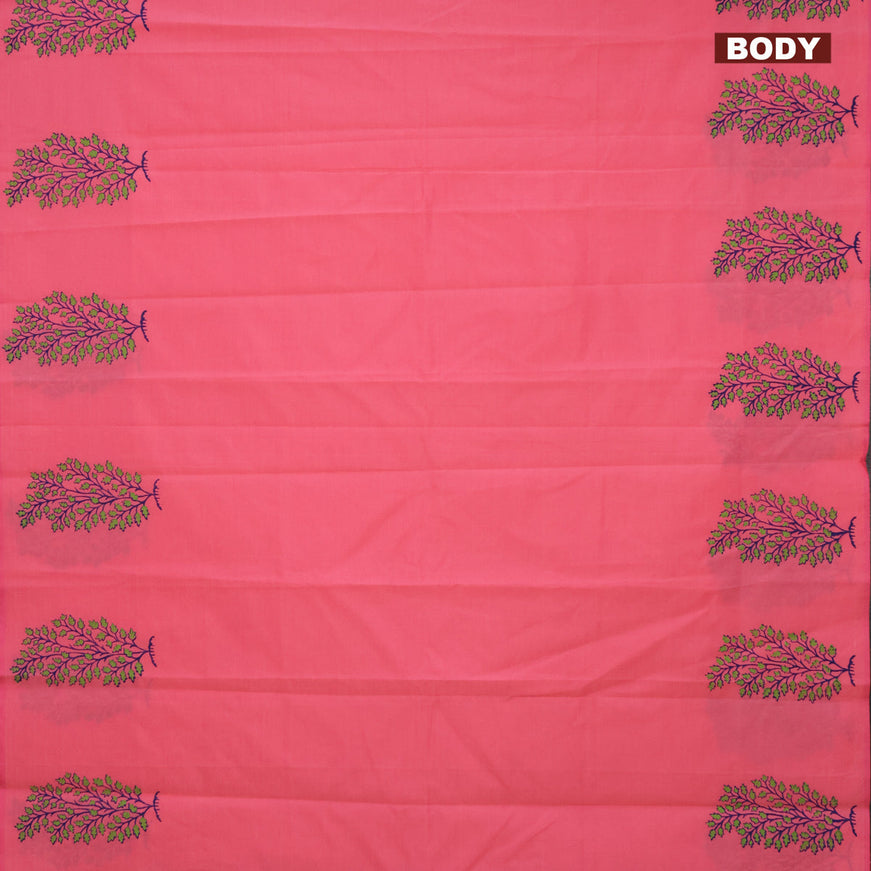 Poly cotton block printed saree pink and dark blue with tree butta prints in borderless style