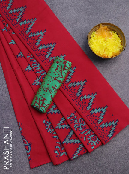 Poly cotton block printed saree red and teal shade with plain body and butta printed border