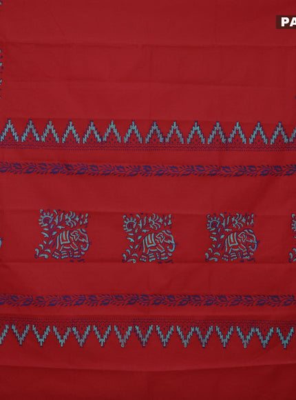 Poly cotton block printed saree red and teal shade with plain body and butta printed border