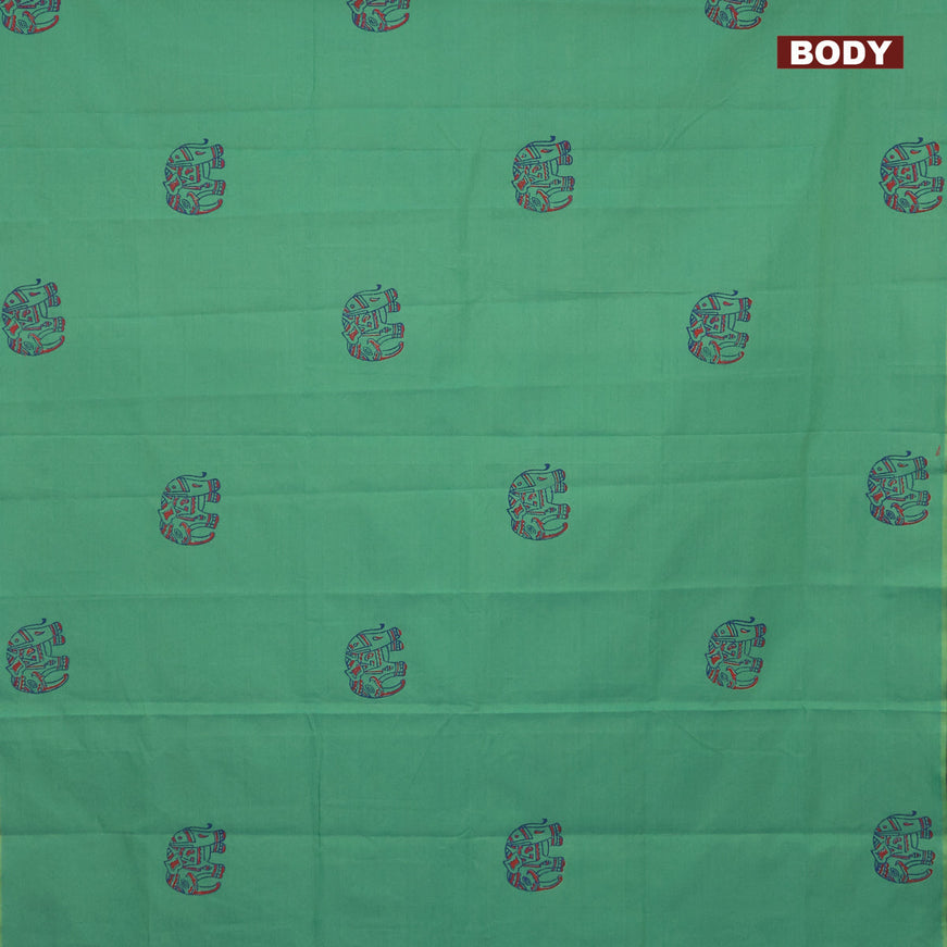 Poly cotton block printed saree dual shade of teal green and red with elephant butta prints in borderless style